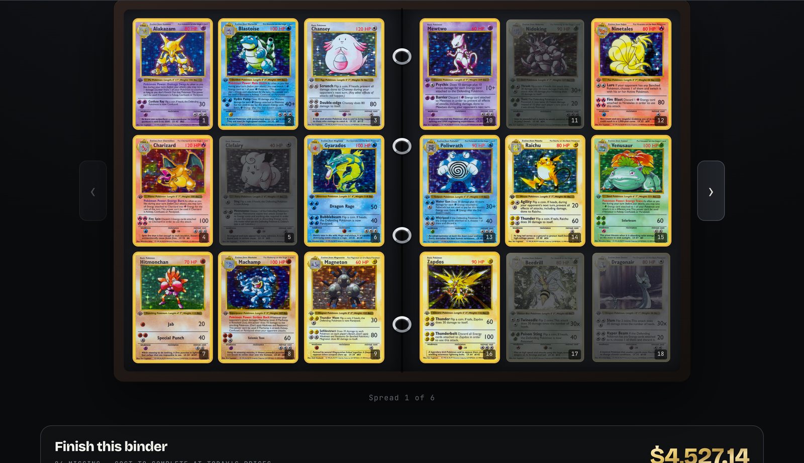 A Base Set binder spread with cost to complete